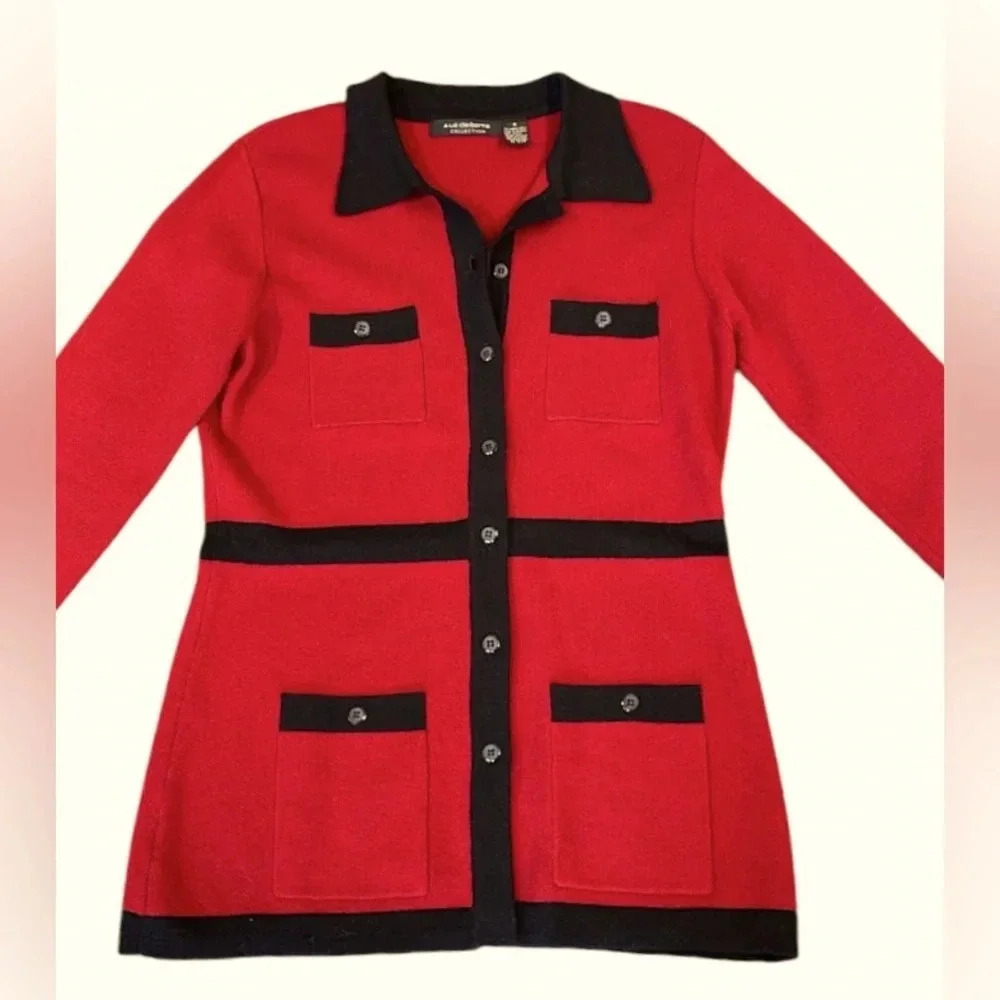 Liz Claiborne Collections Vintage wool long blazer Red Black Button up Size S